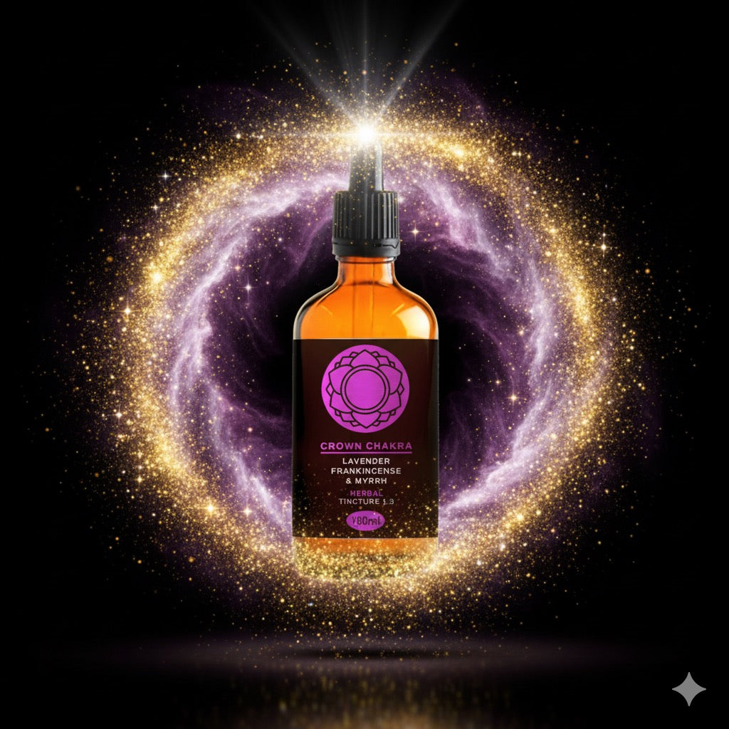 Bottle of Crown Chakra lavender frankincense spray with a cosmic background