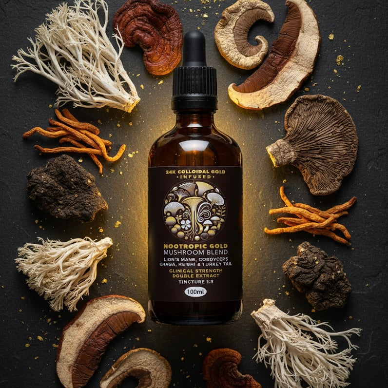 Bottle of Nootropic Gold Mushroom Blend tincture surrounded by dried mushrooms on a dark surface