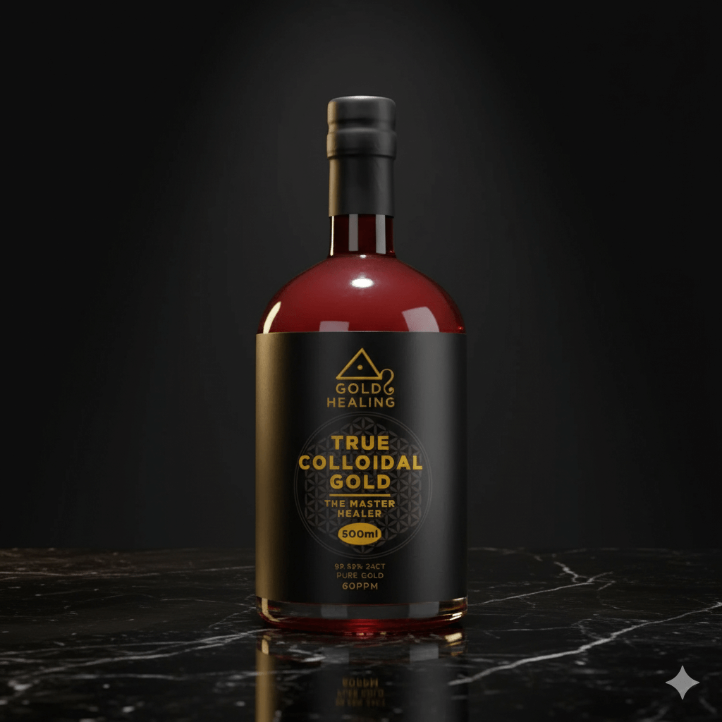 Colloidal Gold 24k bottle, 500ml, premium wellness liquid with gold nanoparticles in pure water.