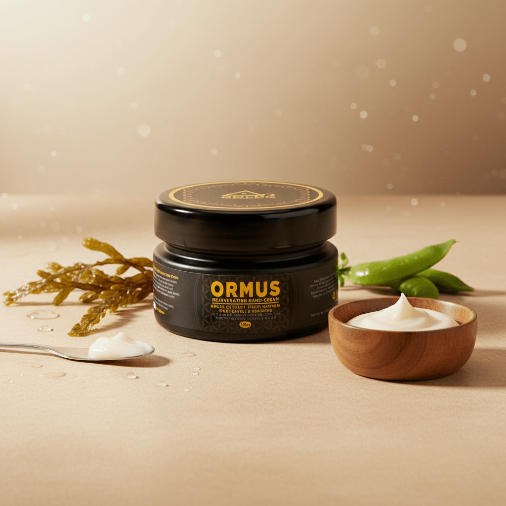 Ormus Hand-Cream jar with creamy texture and natural ingredients on a soft surface.