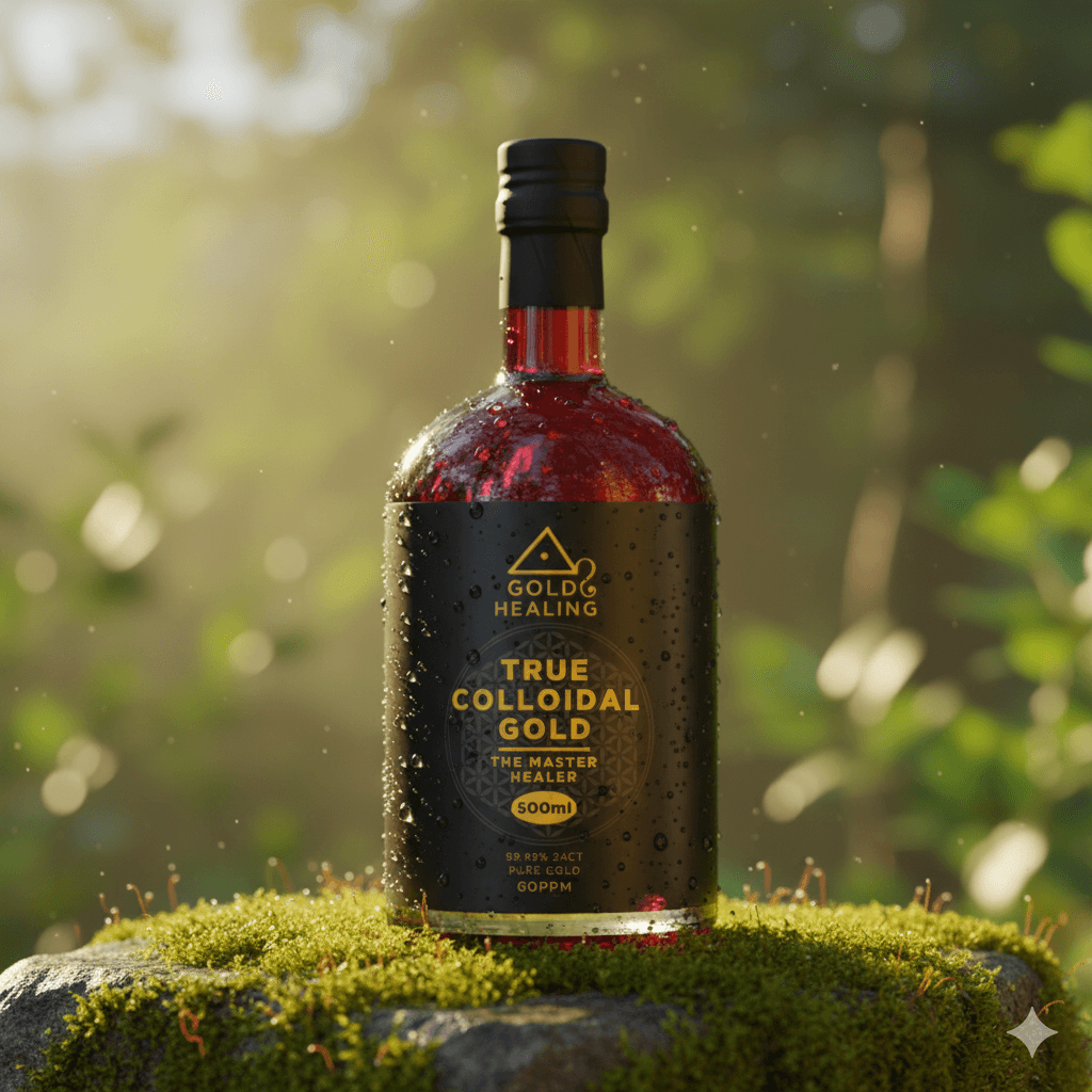 Colloidal Gold 24k liquid in a bottle with a deep ruby-red hue, set in a natural green environment for wellness.