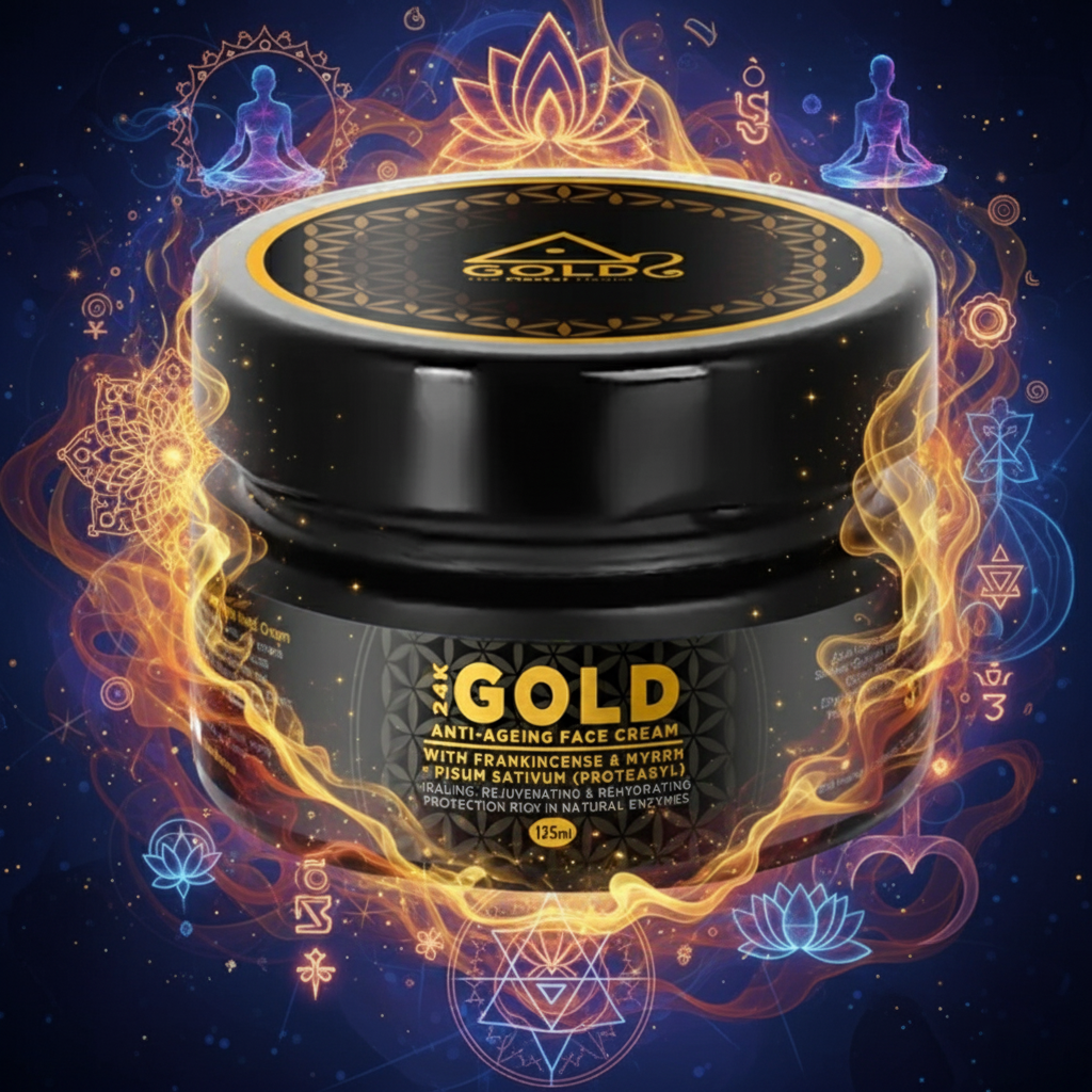 Black jar of Gold Anti-Ageing Face-Cream with mystical designs on a dark background