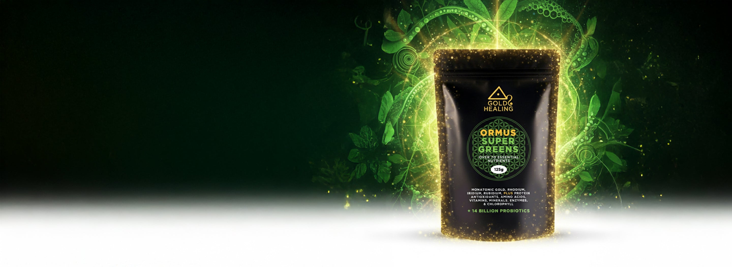 Gold Healing Ormus SuperGreens package with green leafy design elements on a dark backgroundslider_item_JT7DP4