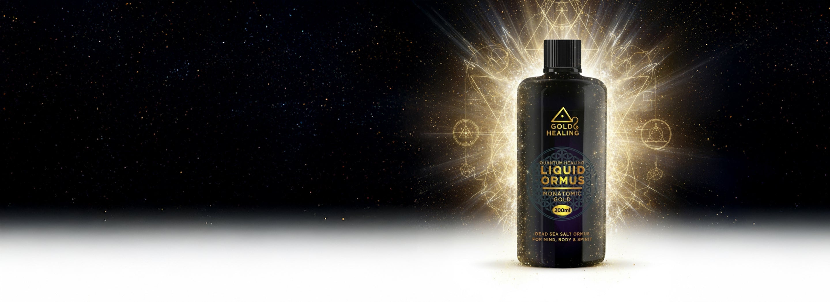Bottle of Gold Healing Liquid Ormus with a mystical backgroundslider_item_qkHMEP
