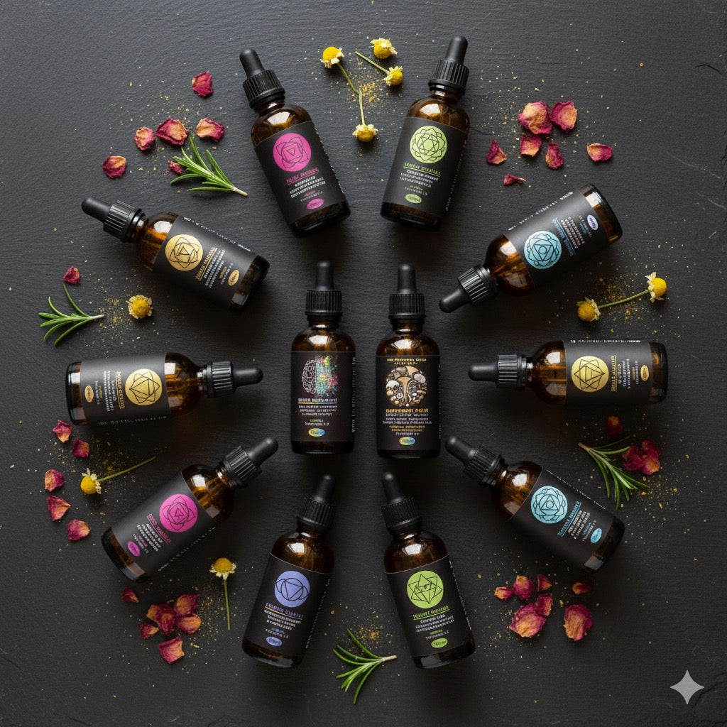 Collection of gold healing herbal tinctures glass bottles with droppers on a dark surface with flowers and leaves.