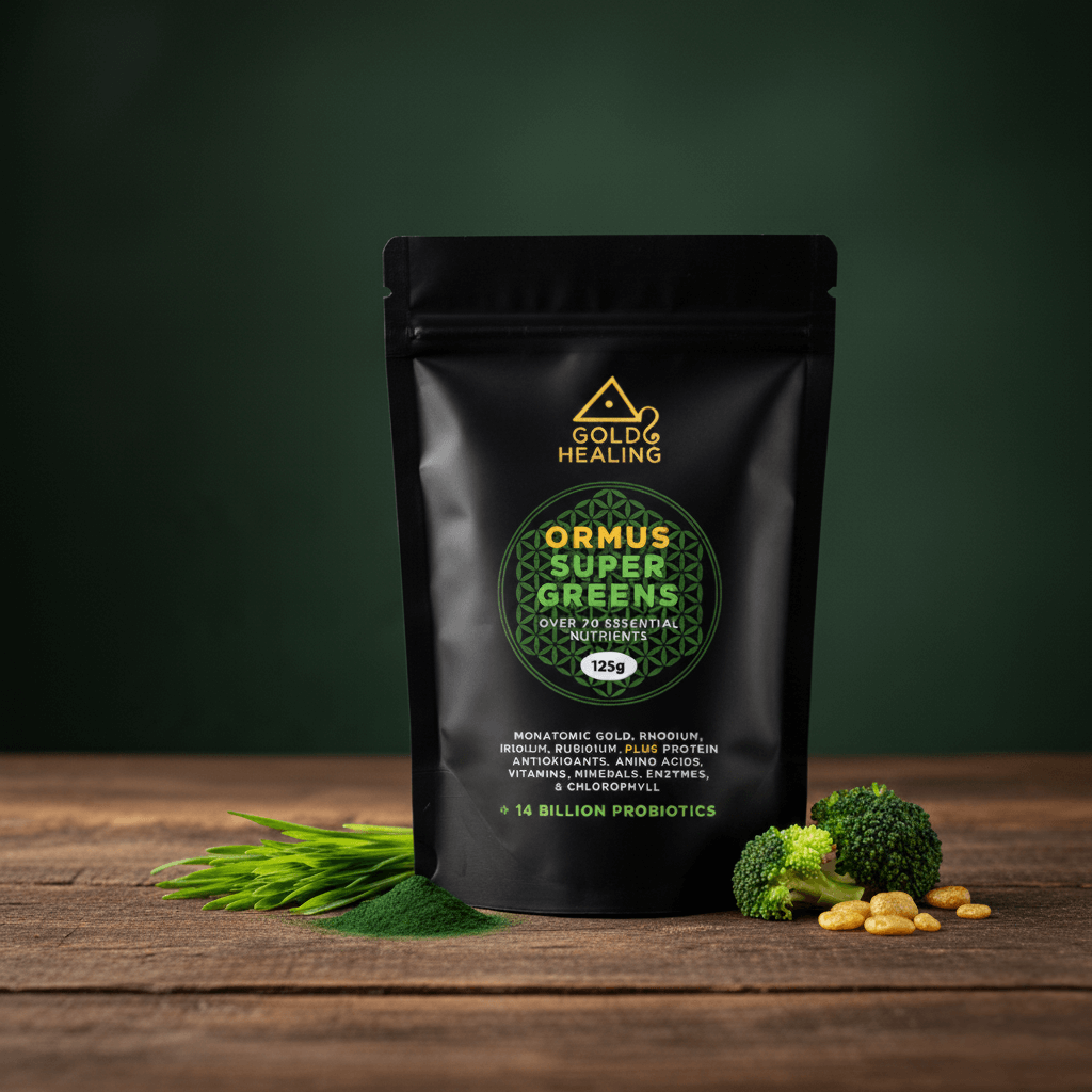 Ormus SuperGreens 125g package on a wooden surface with natural greens and probiotics, supporting wellness.