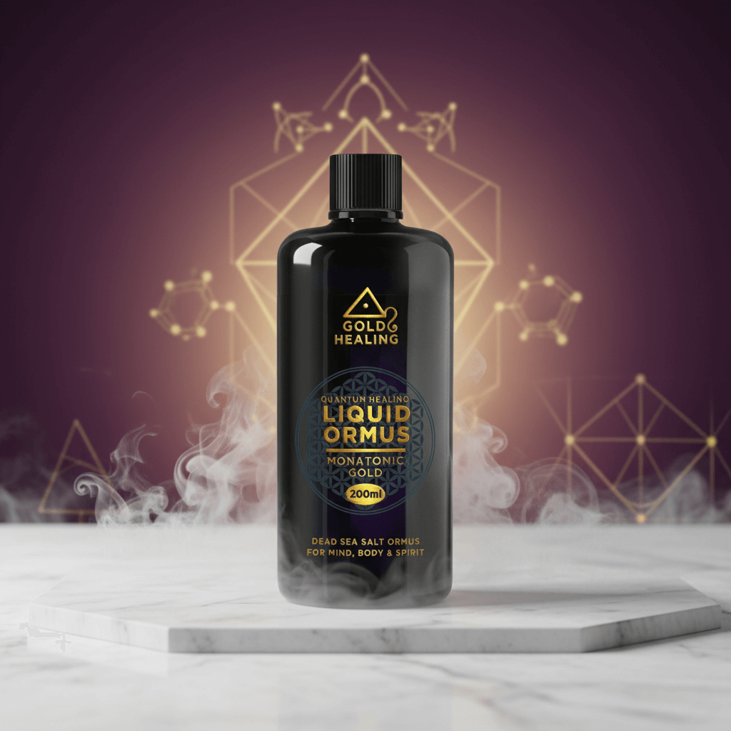 Ormus Monatomic Gold Liquid bottle showcasing a unique blend for wellness, set against a mystical background.