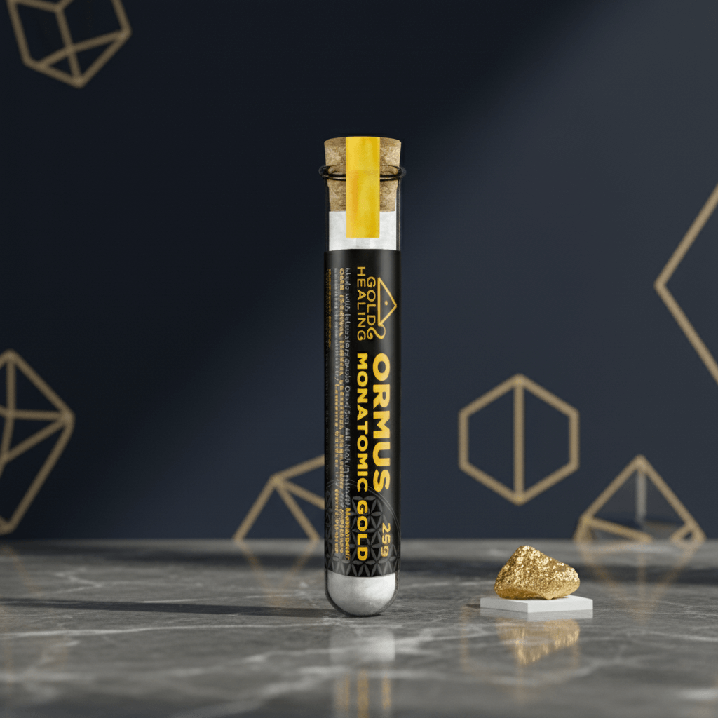 Ormus Monatomic Gold Powder in a test tube with a gold sample, promoting wellness and ancient mineral traditions.