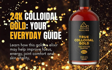 Gold Healing colloidal gold bottle with gold particle graphics
