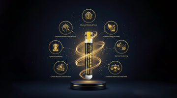 Gold healing benefits represented with an illuminated vial and icons for mental clarity, energy, and emotional balance.
