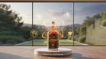 Ormus Liquid wellness elixir displayed on a pedestal, surrounded by glowing energy symbols in a serene setting.