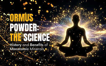 Ormus powder benefits highlighted with meditating figure among cosmic elements representing science and minerals.