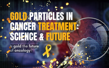 Gold Nanoparticles Cancer Treatment: Science and future of oncology depicted with gold particles and a magnifying glass.
