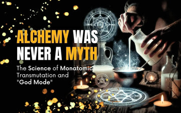 Alchemy and modern physics illustration representing lead-to-gold transmutation and gold science