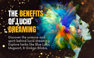 The benefits of lucid dreaming graphic showcasing herbs and dream exploration.