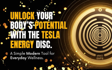 Image promoting the Tesla Energy Disc for everyday wellness with graphics and text.