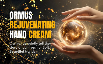 Ormus Rejuvenating Hand Cream promoting soft, beautiful hands with a glowing orb in a person's hands.