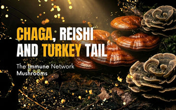 Chaga, Reishi and Turkey Tail mushrooms showcasing their role as immune system mushrooms.