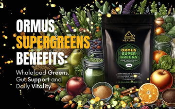 Ormus SuperGreens Benefits product packaging showcasing wholefood greens, gut support, and daily vitality.