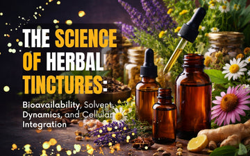 The science of herbal tinctures with amber bottles, herbs, and flowers showcasing liquid plant extracts.