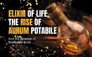 An artistic bottle representing the elixir of life, emphasizing drinkable gold benefits in science.