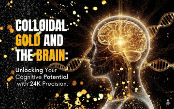Colloidal gold cognitive enhancement visual with brain and neural connections representing cognitive potential.