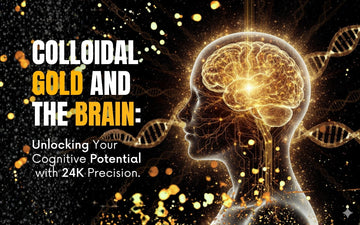 Colloidal gold cognitive enhancement visual with brain and neural connections representing cognitive potential.
