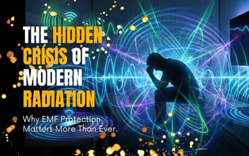 A person experiencing EMF radiation stress with colorful graphic waves, highlighting the importance of EMF radiation protection.