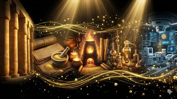 Gold in medicine depicted through ancient alchemy and modern scientific tools, highlighting its historical significance.