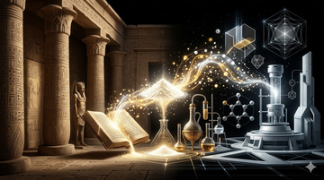 The history of ormus and monatomic gold visualized with ancient and modern elements showing alchemy.
