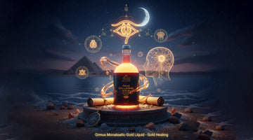 Ormus Monatomic Gold Liquid bottle with healing symbols by the sea, showcasing ormus monatomic gold benefits.