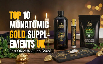 Top 10 Ormus Supplements UK featured in a product display with liquid gold and greens for health.