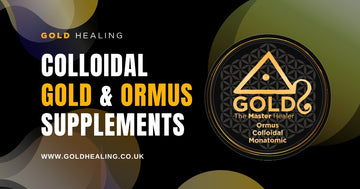 Colloidal gold and Ormus supplements from Gold Healing collection showcased in a vibrant design.