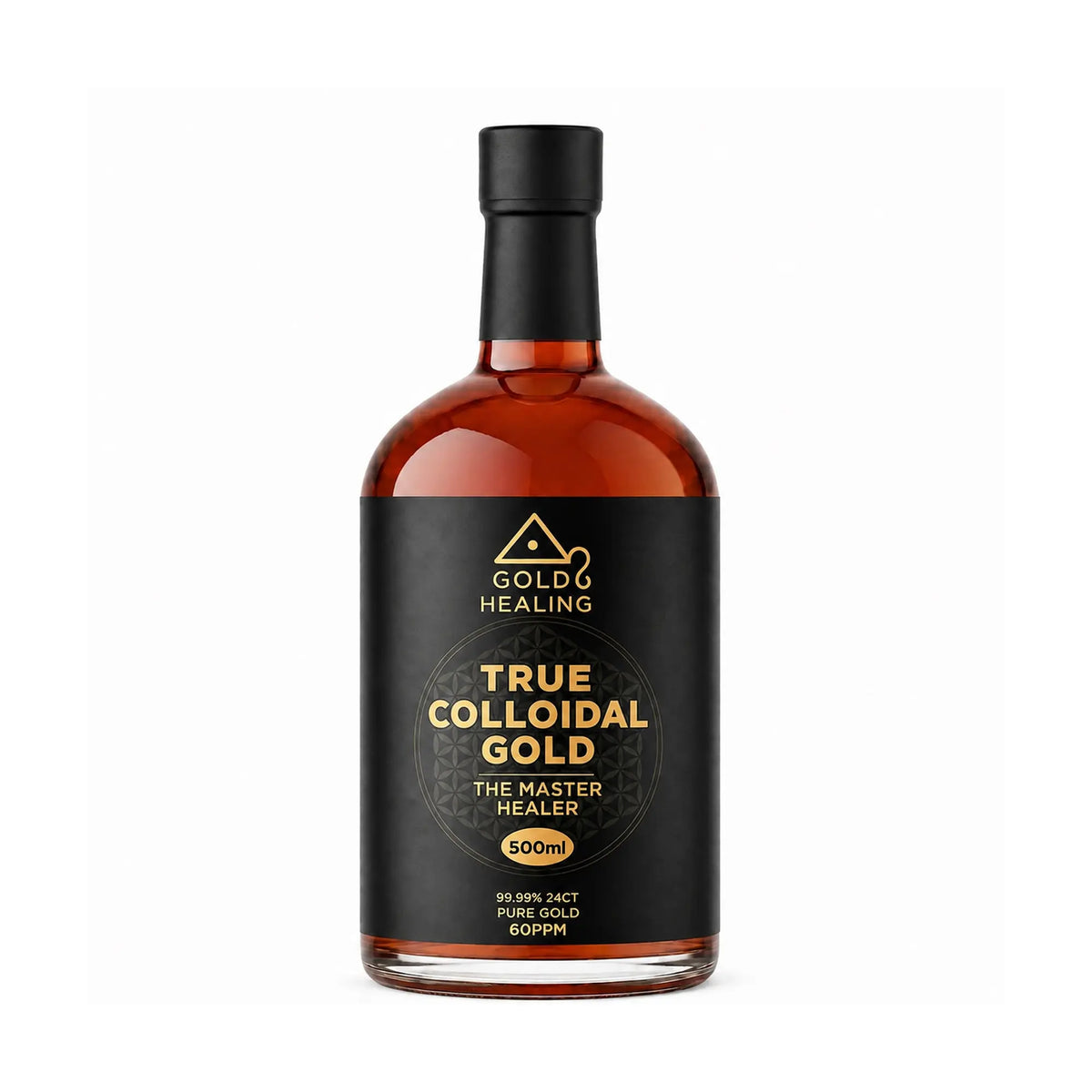 Gold Healing Colloidal Gold 60ppm in a 500ml amber bottle with a 99.99% pure 24K gold source label.