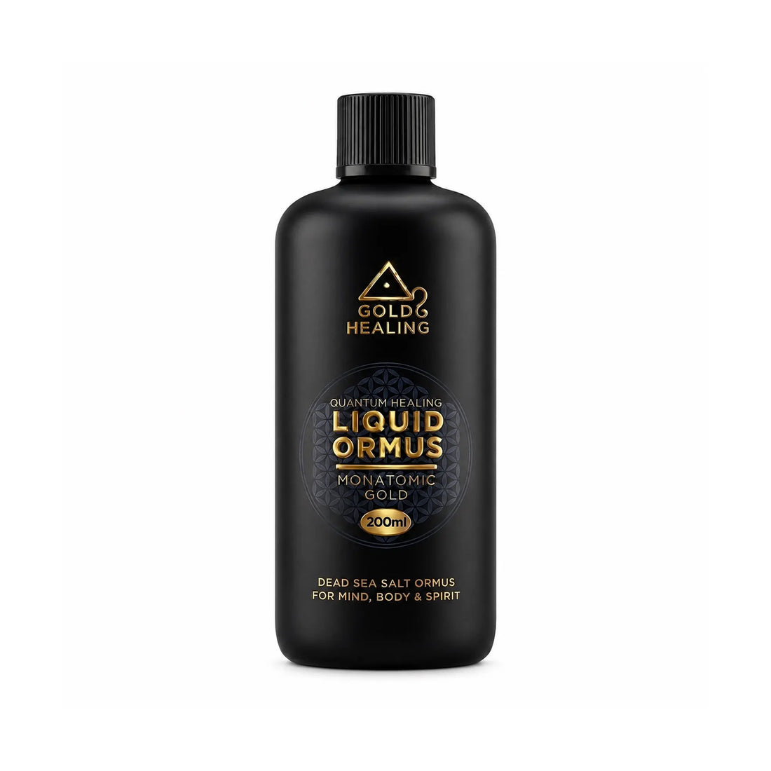 Gold Healing Liquid ORMUS Monatomic Gold in a 200ml Miron violet glass bottle on a white background.