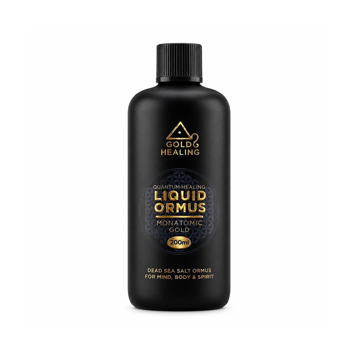 Gold Healing Liquid ORMUS Monatomic Gold in a 200ml Miron violet glass bottle on a white background.