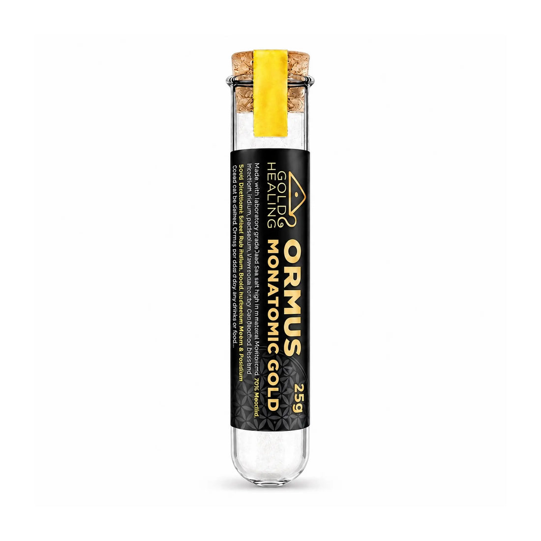 Gold Healing ORMUS Monatomic Gold Powder in a 25g borosilicate glass tube on a white background.