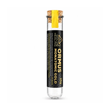 Gold Healing ORMUS Monatomic Gold Powder in a 25g borosilicate glass tube on a white background.