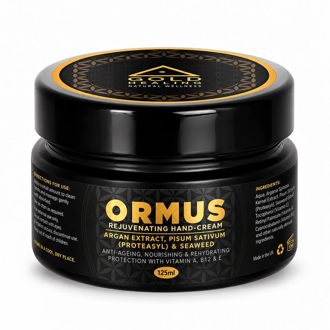 Gold Healing ORMUS Rejuvenating Hand Cream 125ml jar on white background