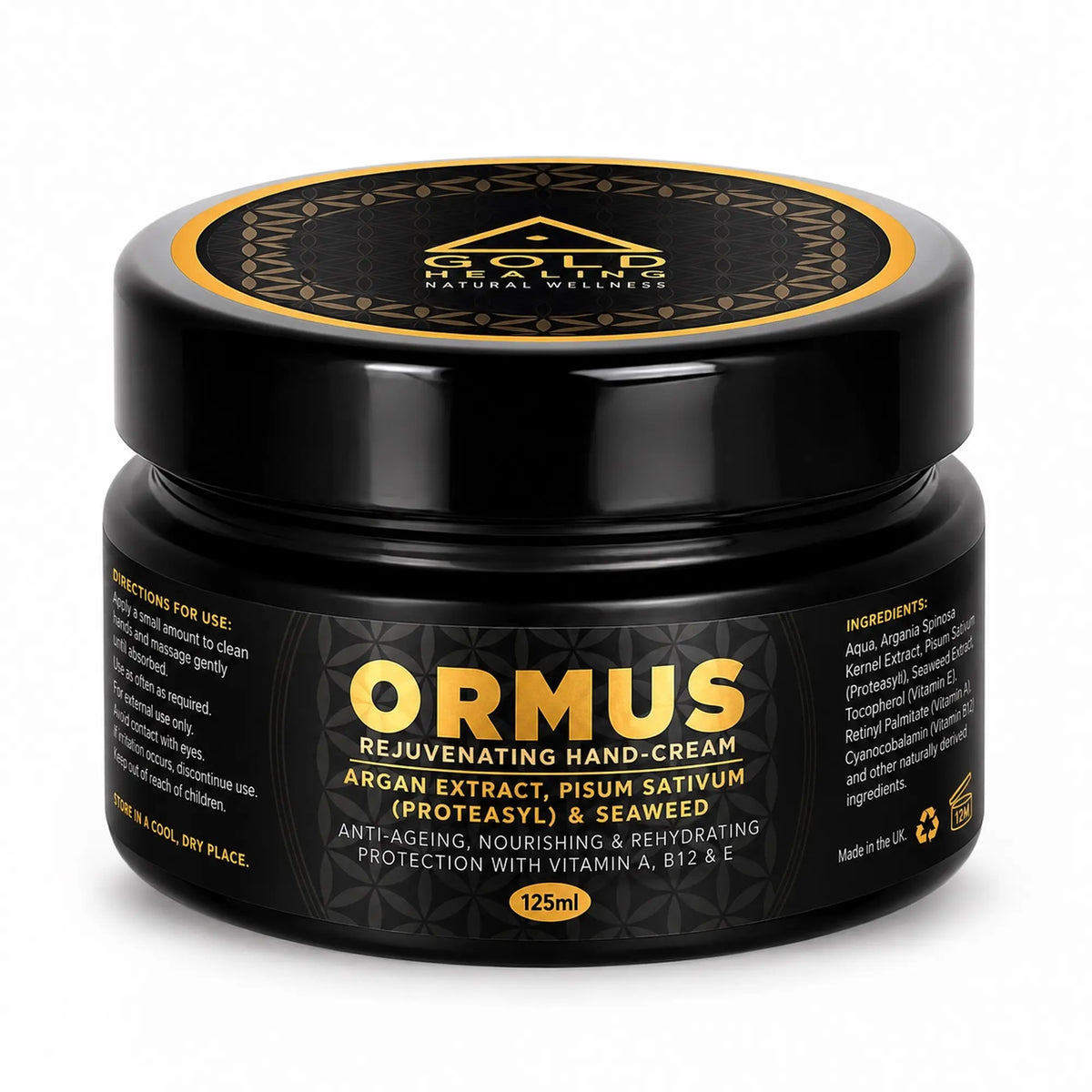Gold Healing ORMUS Rejuvenating Hand Cream 125ml jar on white background