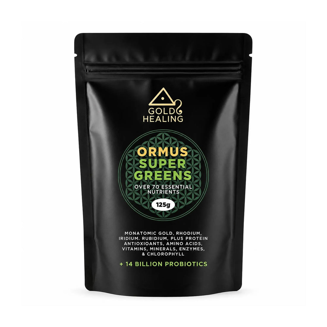 Gold Healing ORMUS SuperGreens in its black 125g resealable pouch on a white background.