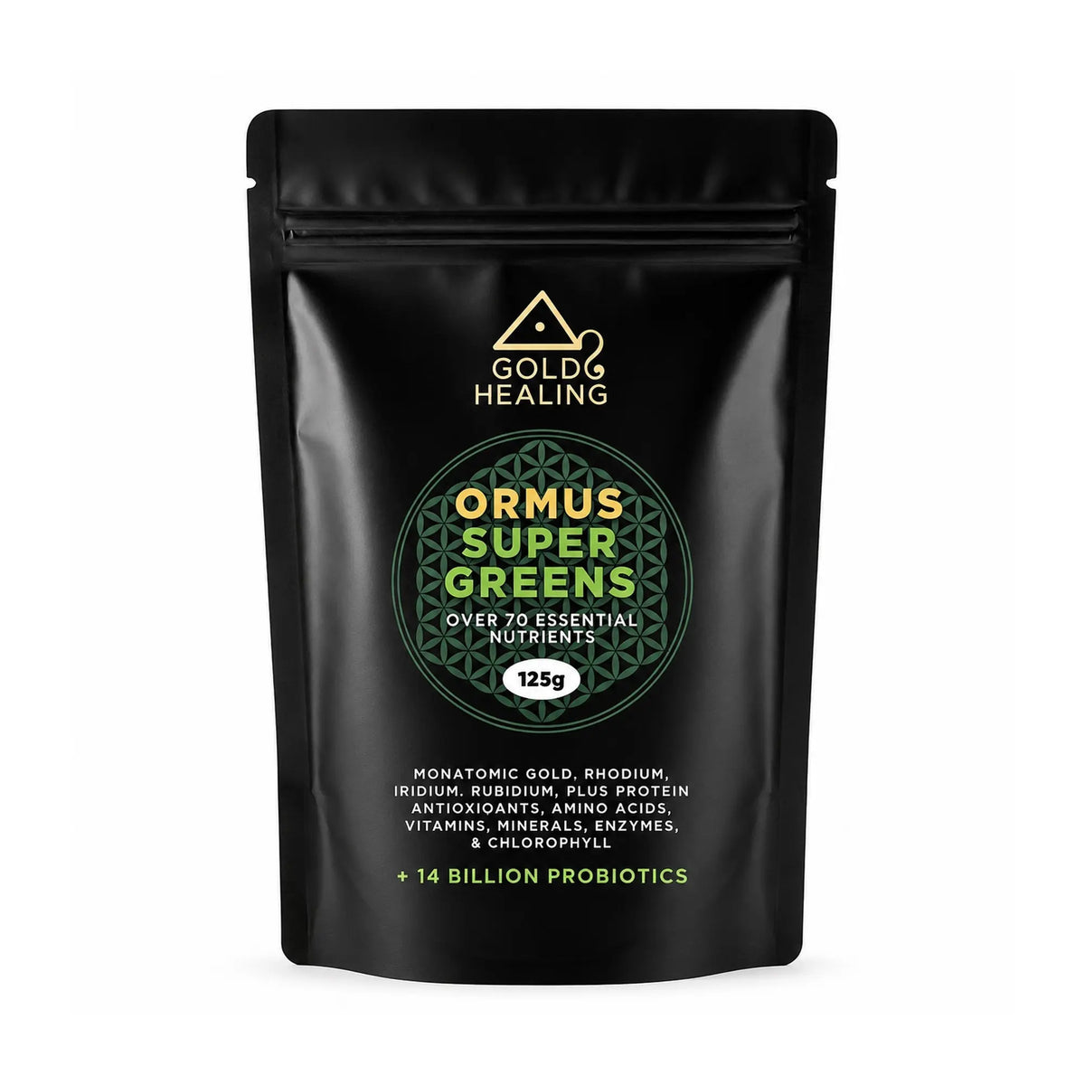 Gold Healing ORMUS SuperGreens in its black 125g resealable pouch on a white background.