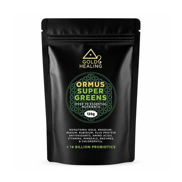 Gold Healing ORMUS SuperGreens in its black 125g resealable pouch on a white background.