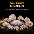 Natural salt and mineral crystals illustrate the broad trace mineral profile associated with the Dead Sea mineral source.