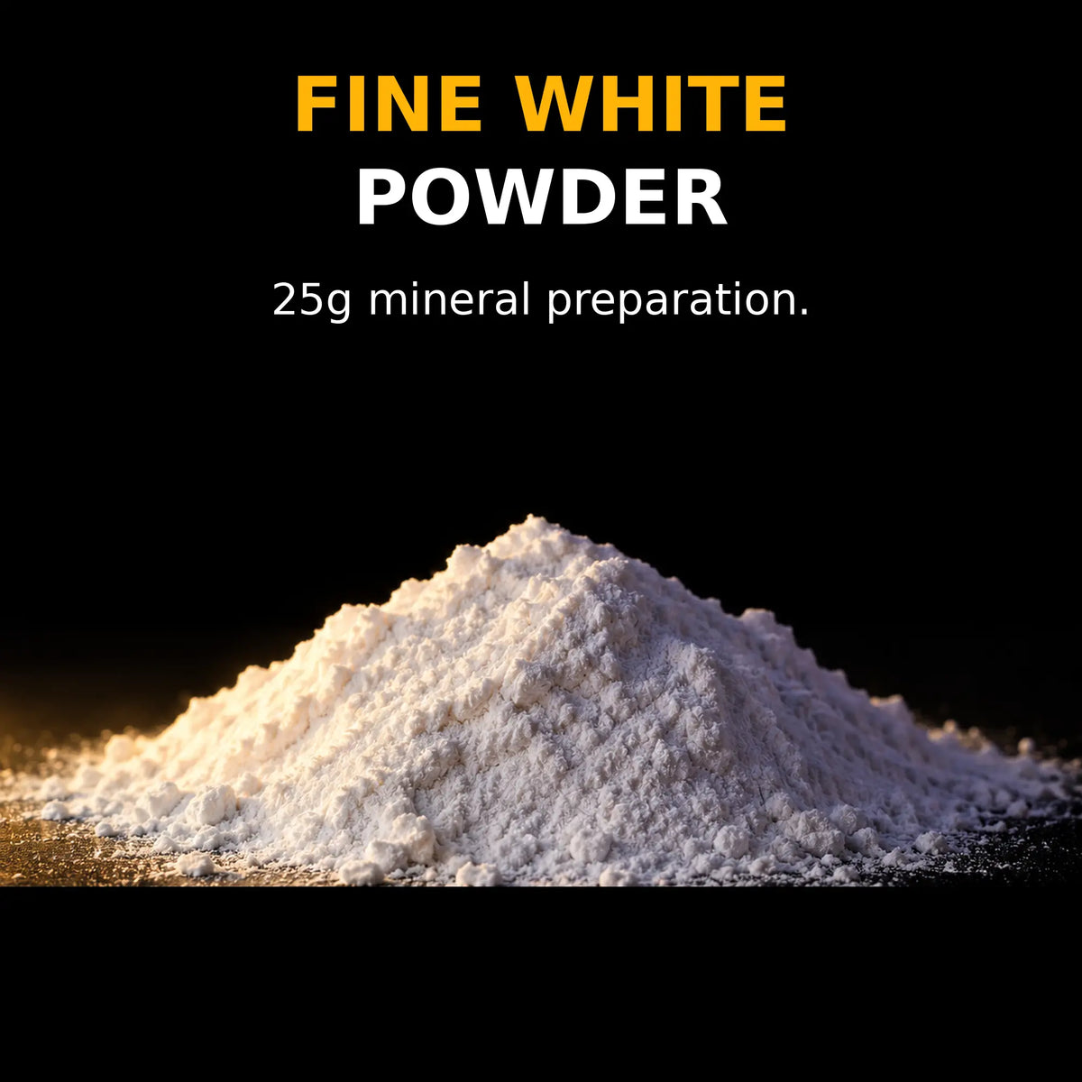 Fine white Monatomic Gold mineral powder shown in a premium black and gold composition.