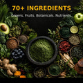 Editorial arrangement illustrating the 70 plus nutritional ingredients in Gold Healing ORMUS SuperGreens.