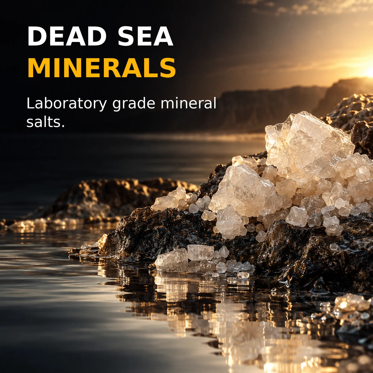 Dead Sea water and mineral salt crystals illustrating the mineral salt source used for Monatomic Gold Powder.