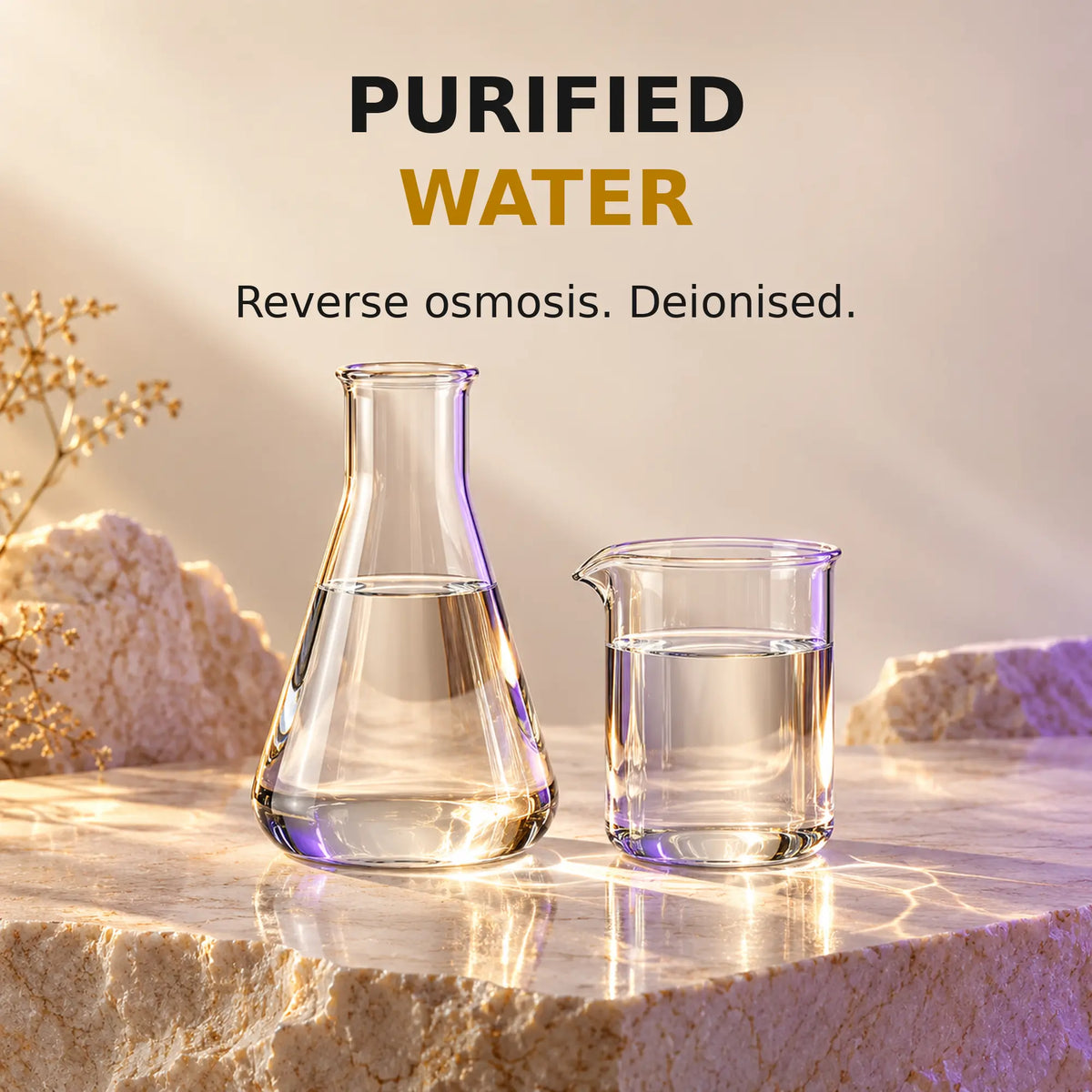 Clear laboratory glassware illustrating purified reverse osmosis and deionised water used in the preparation.