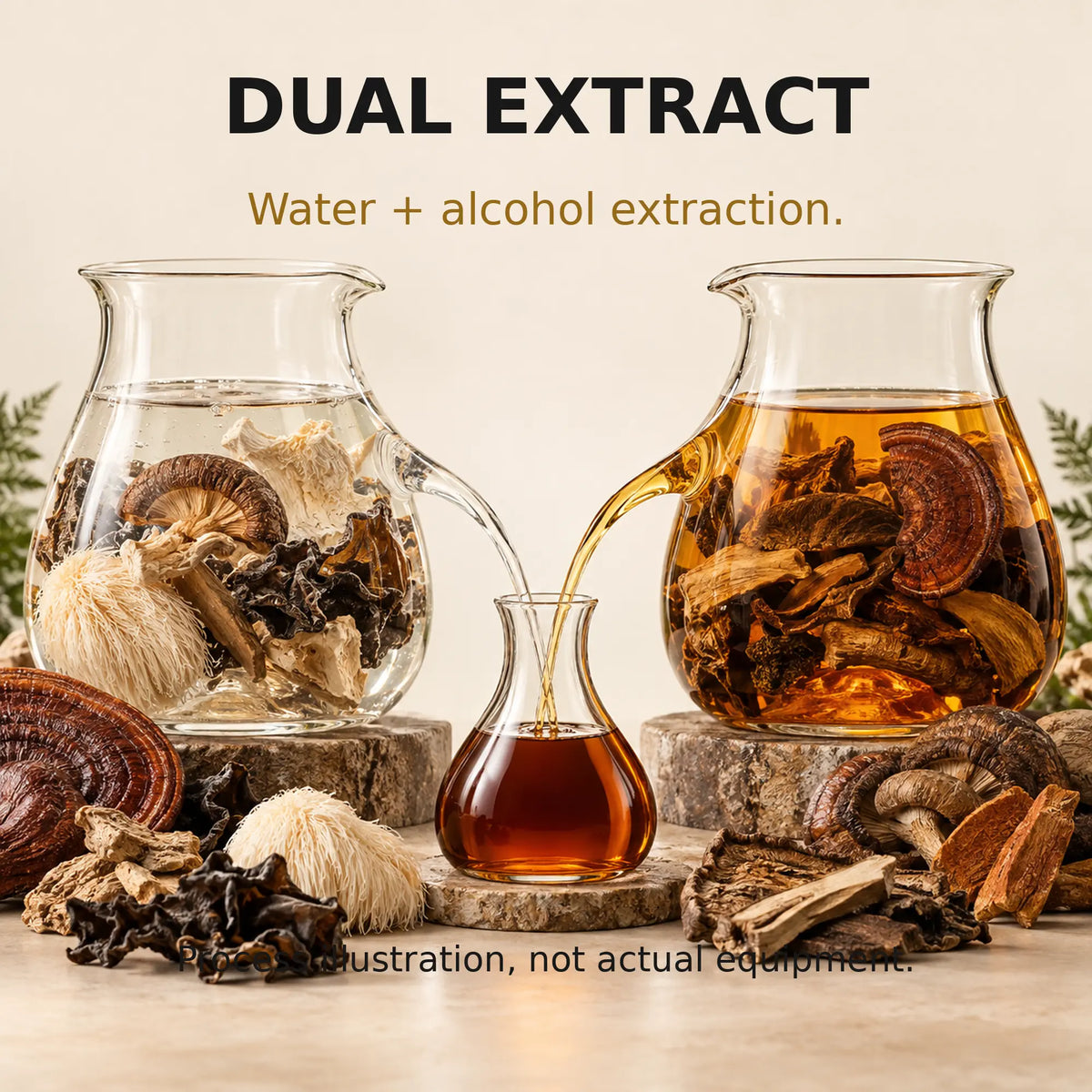 Illustration of the water and alcohol dual extraction process used for Nootropic Gold mushroom tincture.
