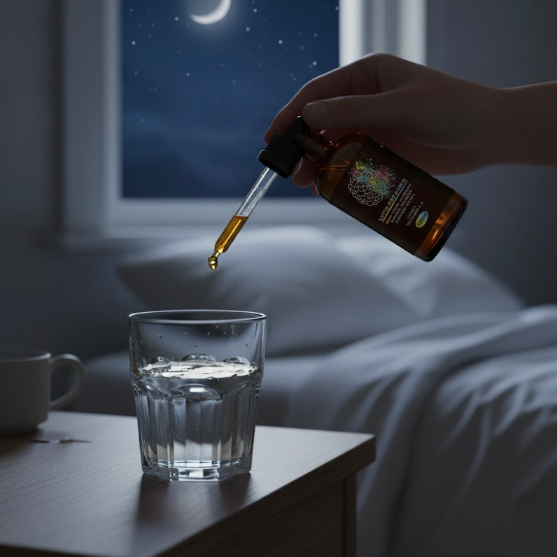 Hand pouring liquid from a dropper bottle into a glass on a bedside table at night.